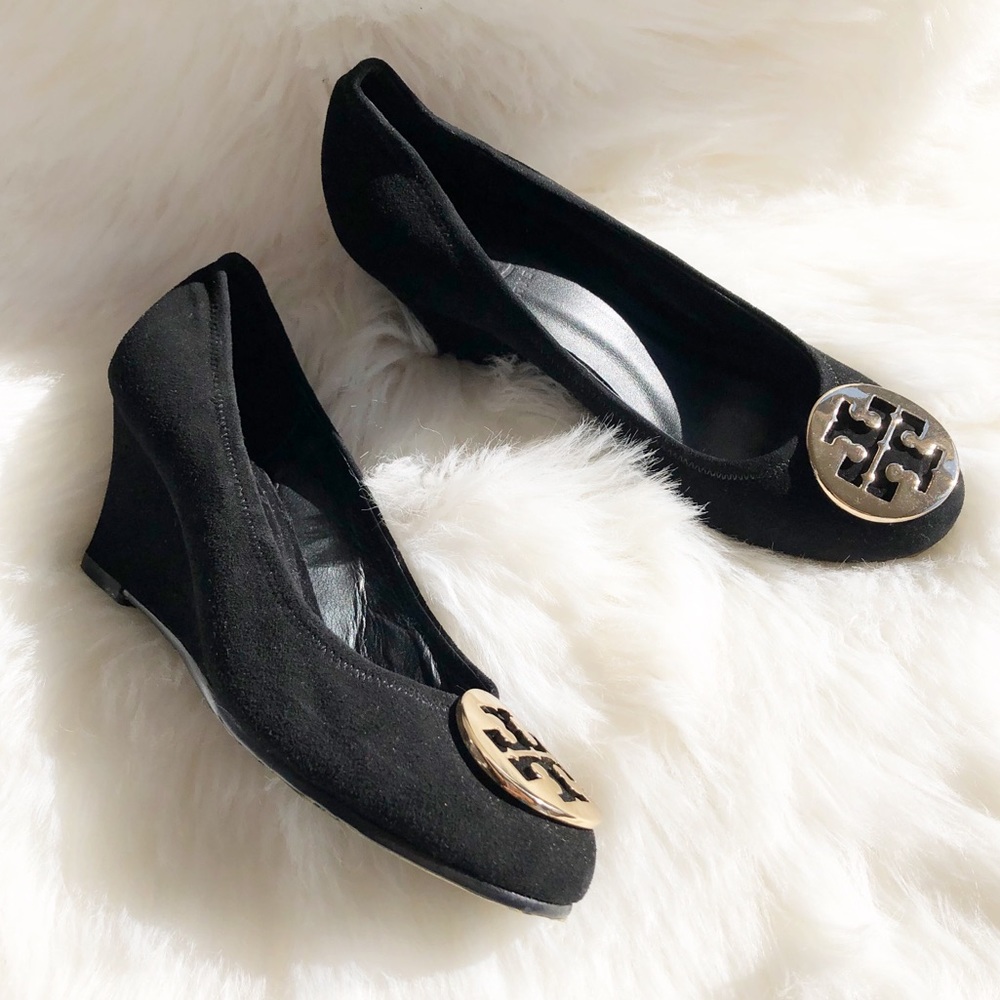 NEW Tory Burch Reva black leather wedge heels 5M - Picture 2 of 8
